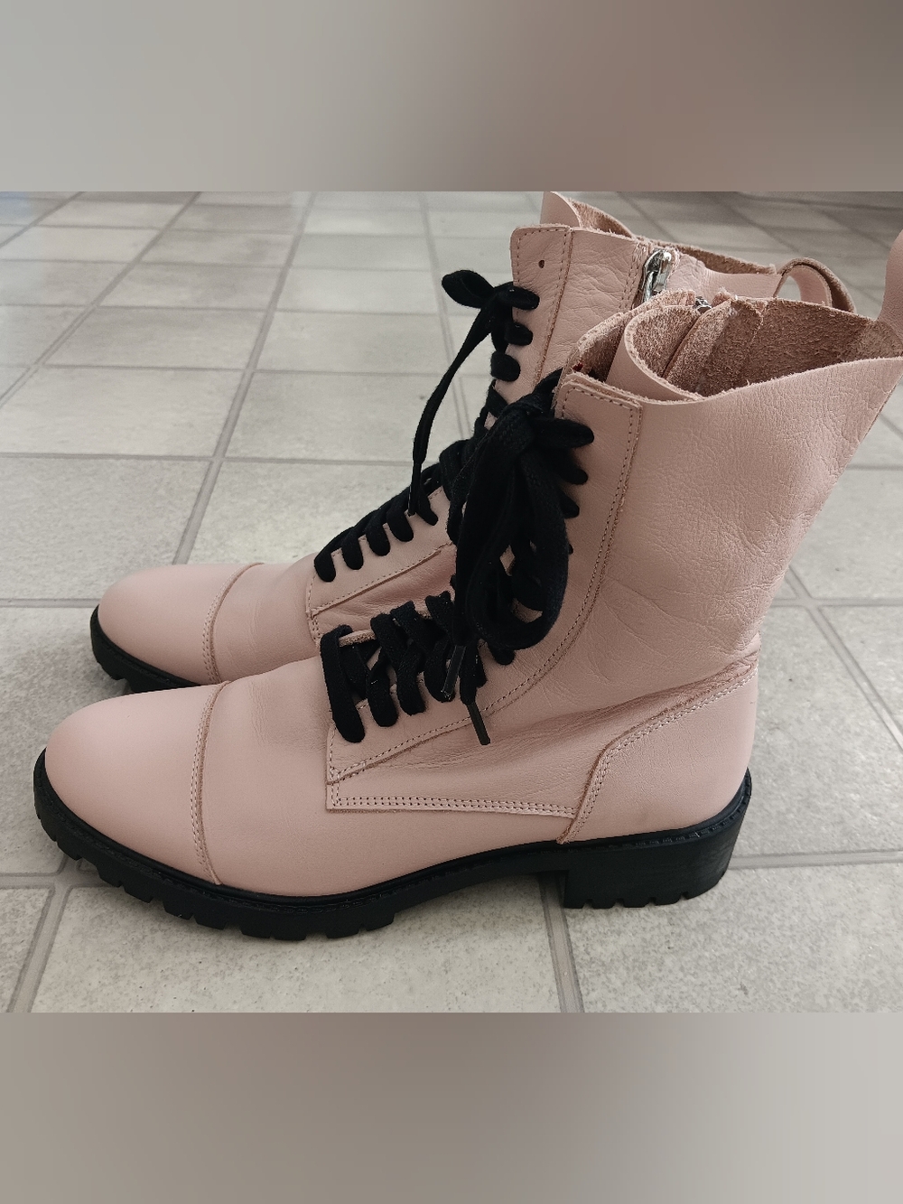 Zara Blush Pink Leather Combat Boots - Size EU 39 / US 8